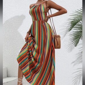 Plus Size Color Block Striped Cami Dress Tie Back Size XXL